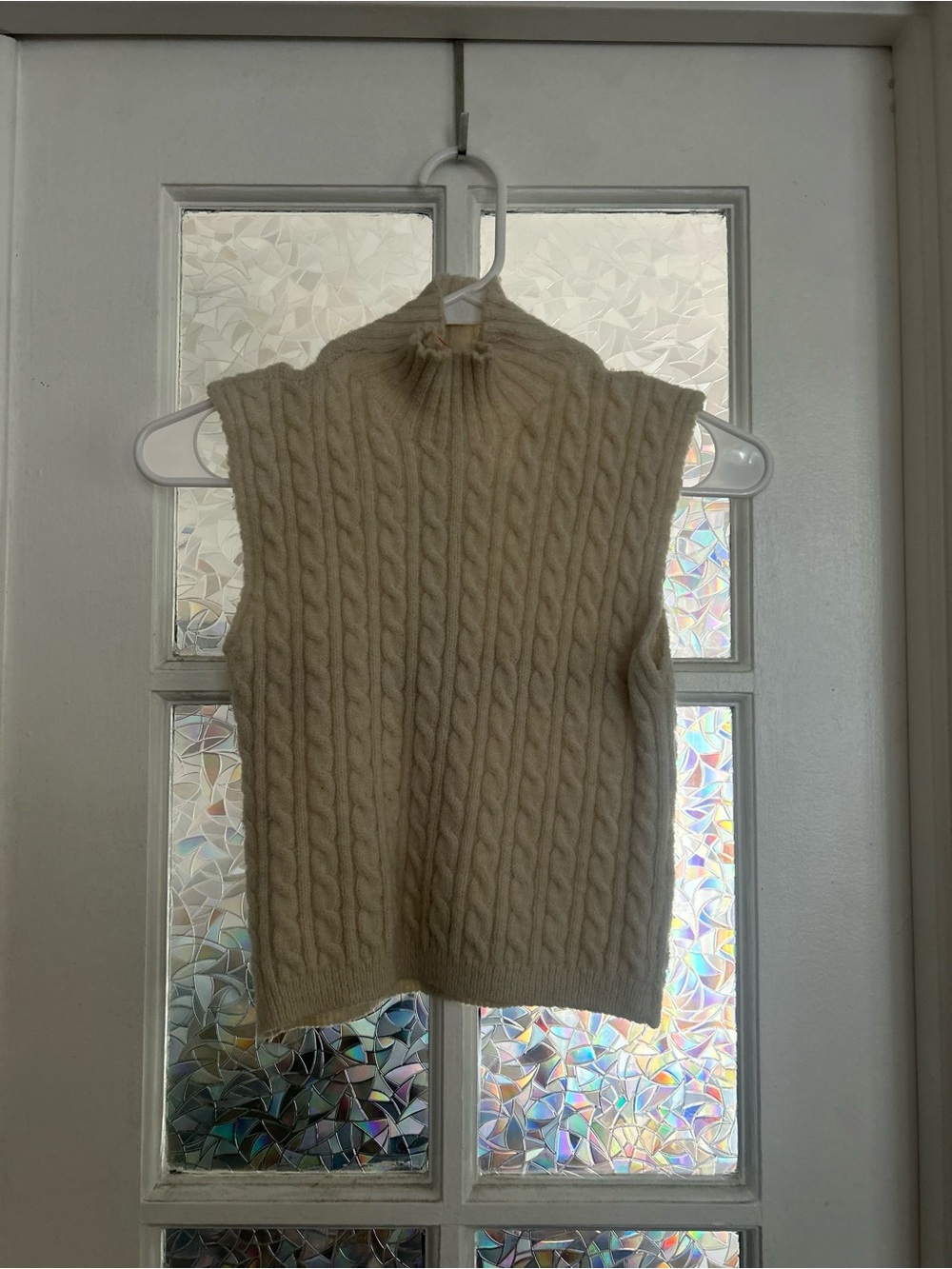 Sleeveless Cable Knit Mock Neck Sweater Vest in Cream